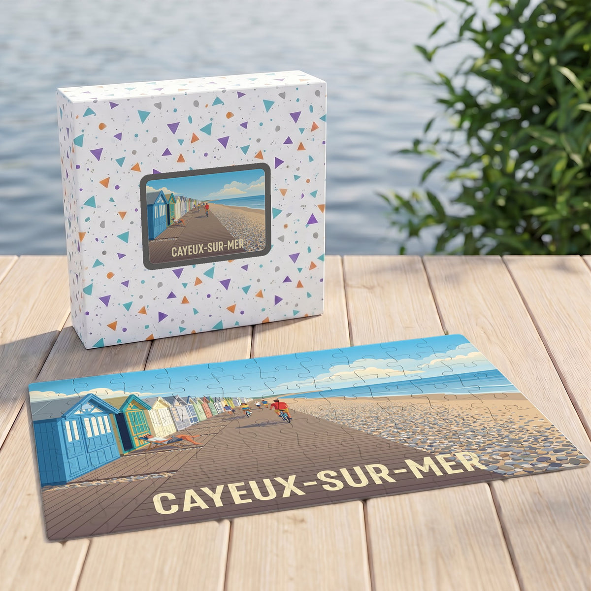 Puzzle souvenir de la ville de Cayeux-sur-Mer illustrant son emblématique chemin de planches et ses cabines de plage colorées.