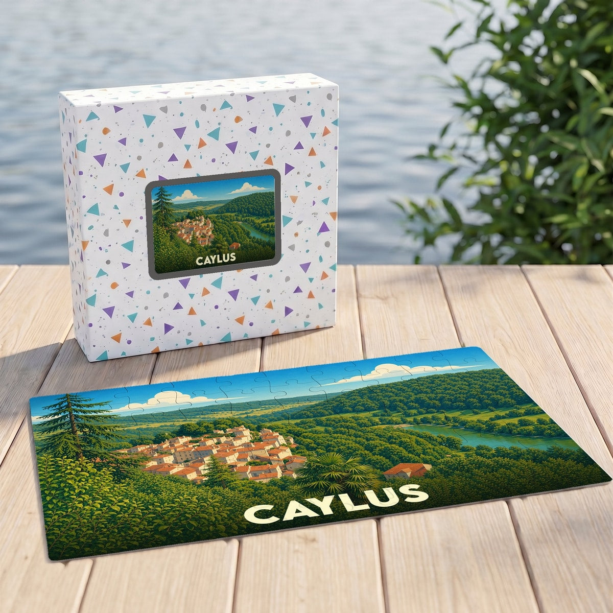Puzzle souvenir de la ville de Caylus présentant une illustration panoramique de la commune nichée dans une vallée verdoyante.