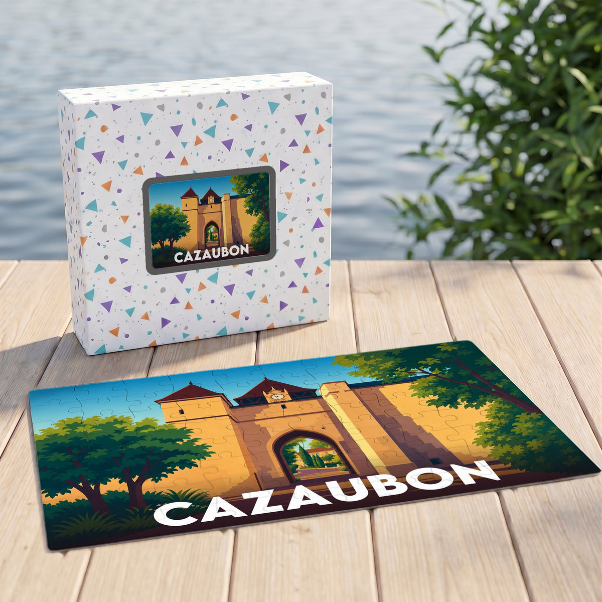Puzzle souvenir de la ville de Cazaubon avec une illustration stylisée d'une porte historique.