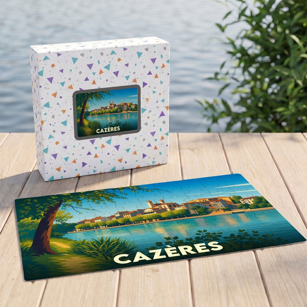 Puzzle souvenir de la ville de Cazères avec une illustration stylisée des bords de Garonne.