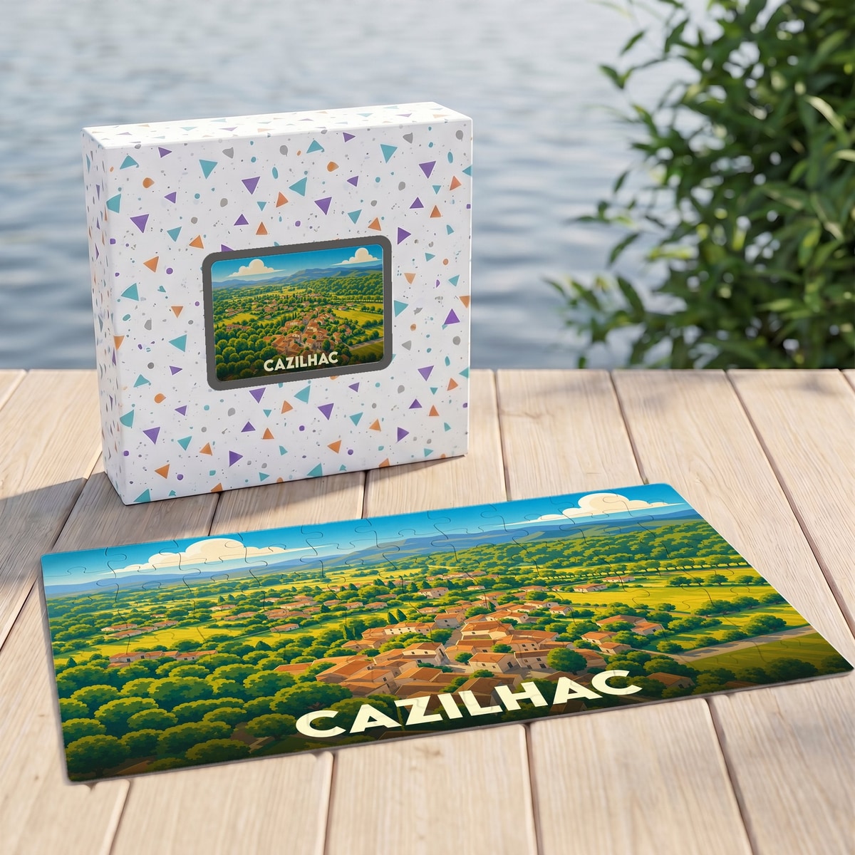 Puzzle souvenir de la ville de Cazilhac avec une illustration paysagère stylisée.
