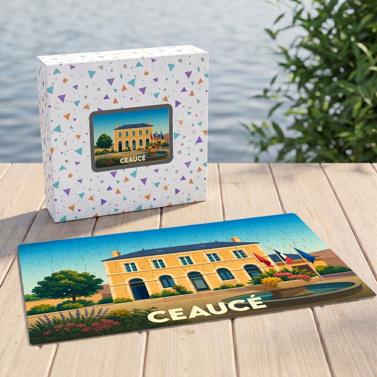 Puzzle souvenir de la ville de Ceaucé avec une illustration stylisée d'un bâtiment emblématique et sa boîte assortie.