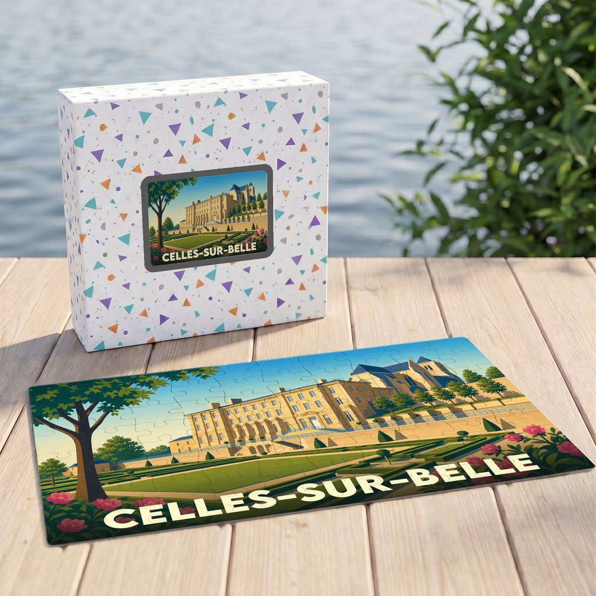 Puzzle souvenir de la ville de Celles-sur-Belle avec une illustration stylisée de son abbaye et de ses jardins.