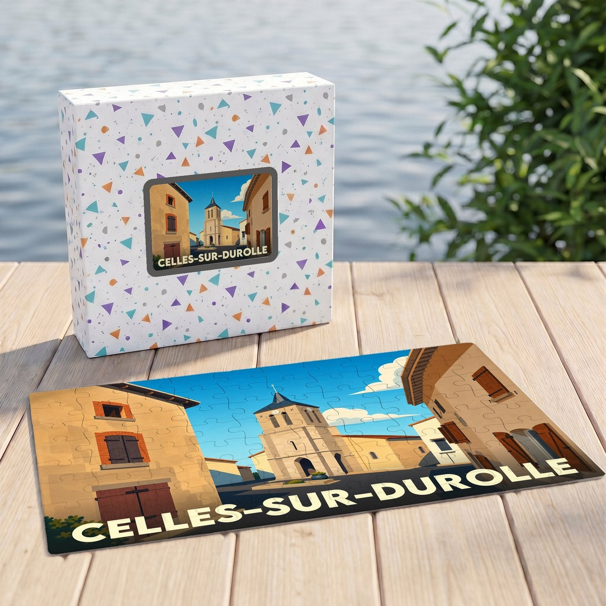 Puzzle souvenir de la ville de Celles-sur-Durolle avec une illustration stylisée.