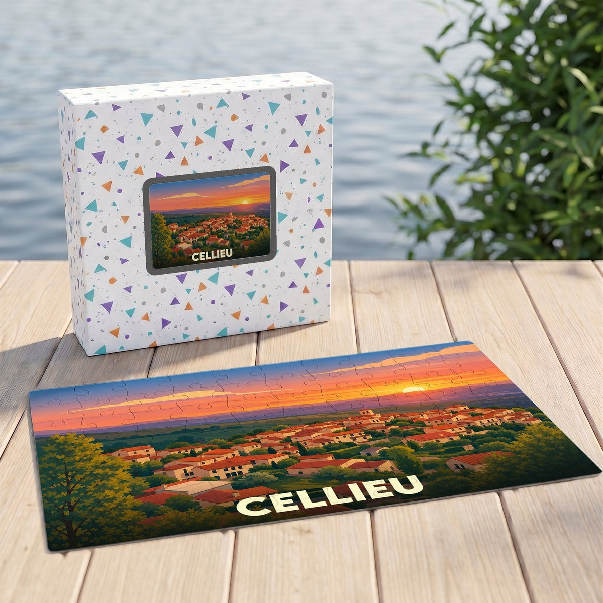 Puzzle souvenir de la ville de Cellieu avec une illustration stylisée d'un coucher de soleil sur le village.
