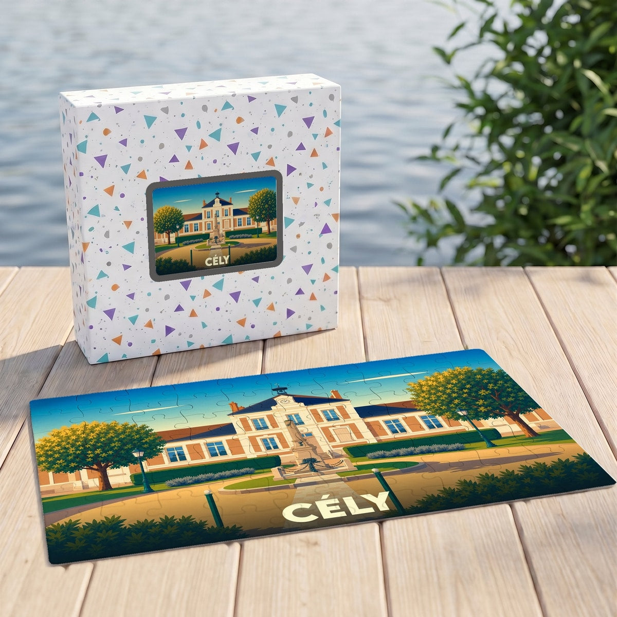 Puzzle souvenir de la ville de Cély illustré d'un paysage stylisé de la mairie.