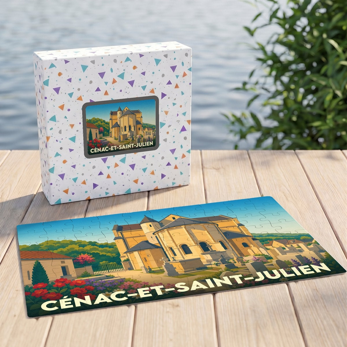 Puzzle souvenir de la ville de Cénac-et-Saint-Julien avec une illustration stylisée de son église romane.