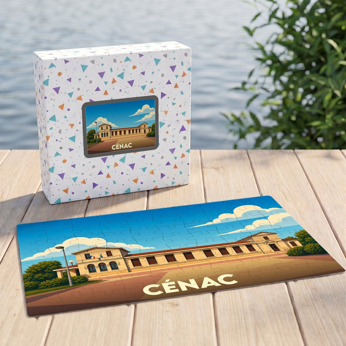 Puzzle souvenir de la ville de Cénac avec une illustration stylisée.