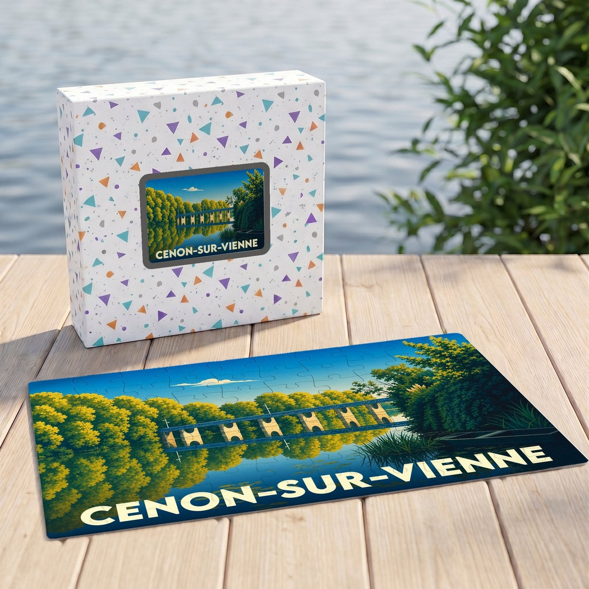 Puzzle souvenir de la ville de Cenon-sur-Vienne avec une illustration stylisée de son pont et de sa rivière.