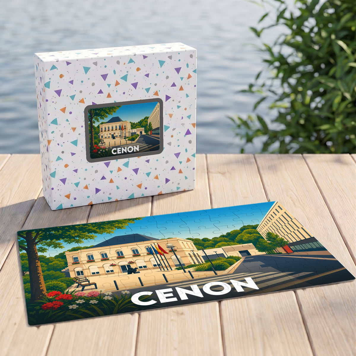 Puzzle souvenir de la ville de Cenon avec son illustration stylisée, accompagné de sa boîte de rangement assortie.