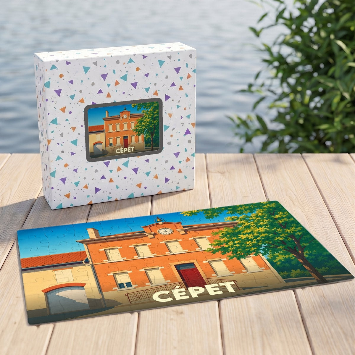 Puzzle souvenir de la ville de Cépet avec une illustration stylisée de sa mairie.