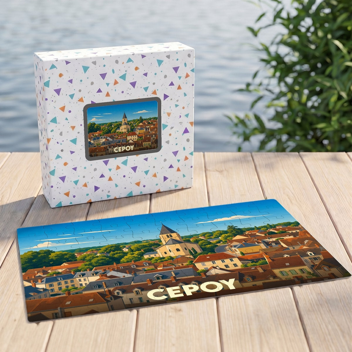 Puzzle souvenir de la ville de Cepoy illustrant un paysage urbain avec son église.