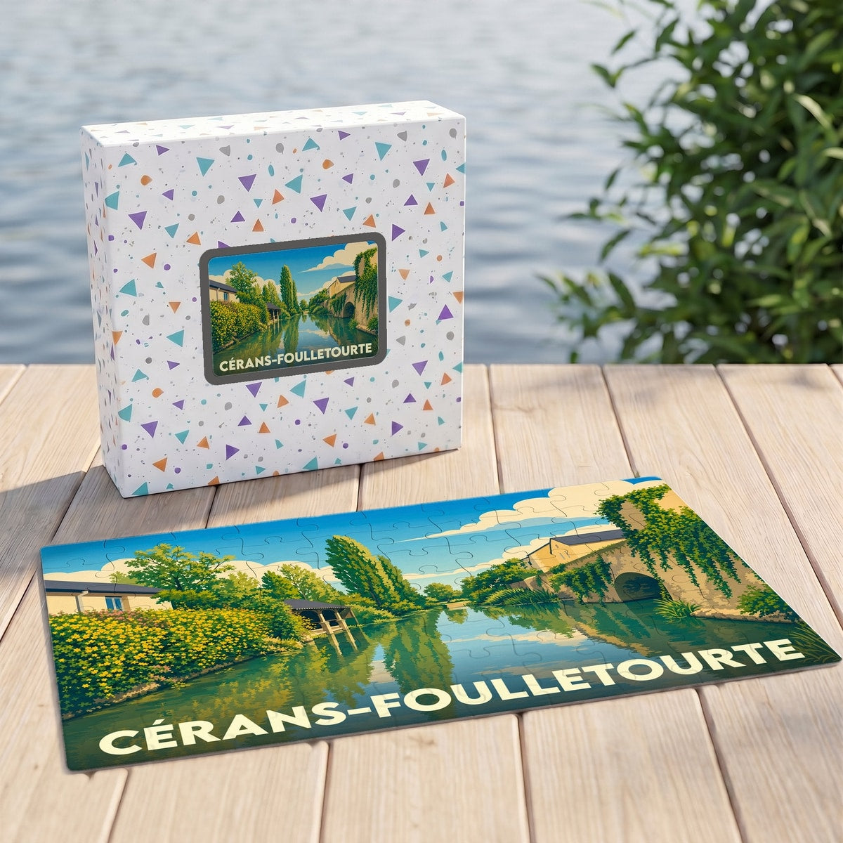 Puzzle souvenir de la ville de Cérans-Foulletourte avec une illustration stylisée de ses bords de l'eau.