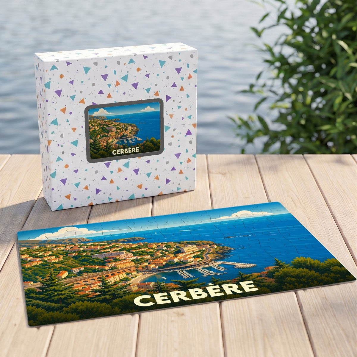 Puzzle souvenir de la ville de Cerbère illustrant son paysage côtier dans un style coloré et graphique.