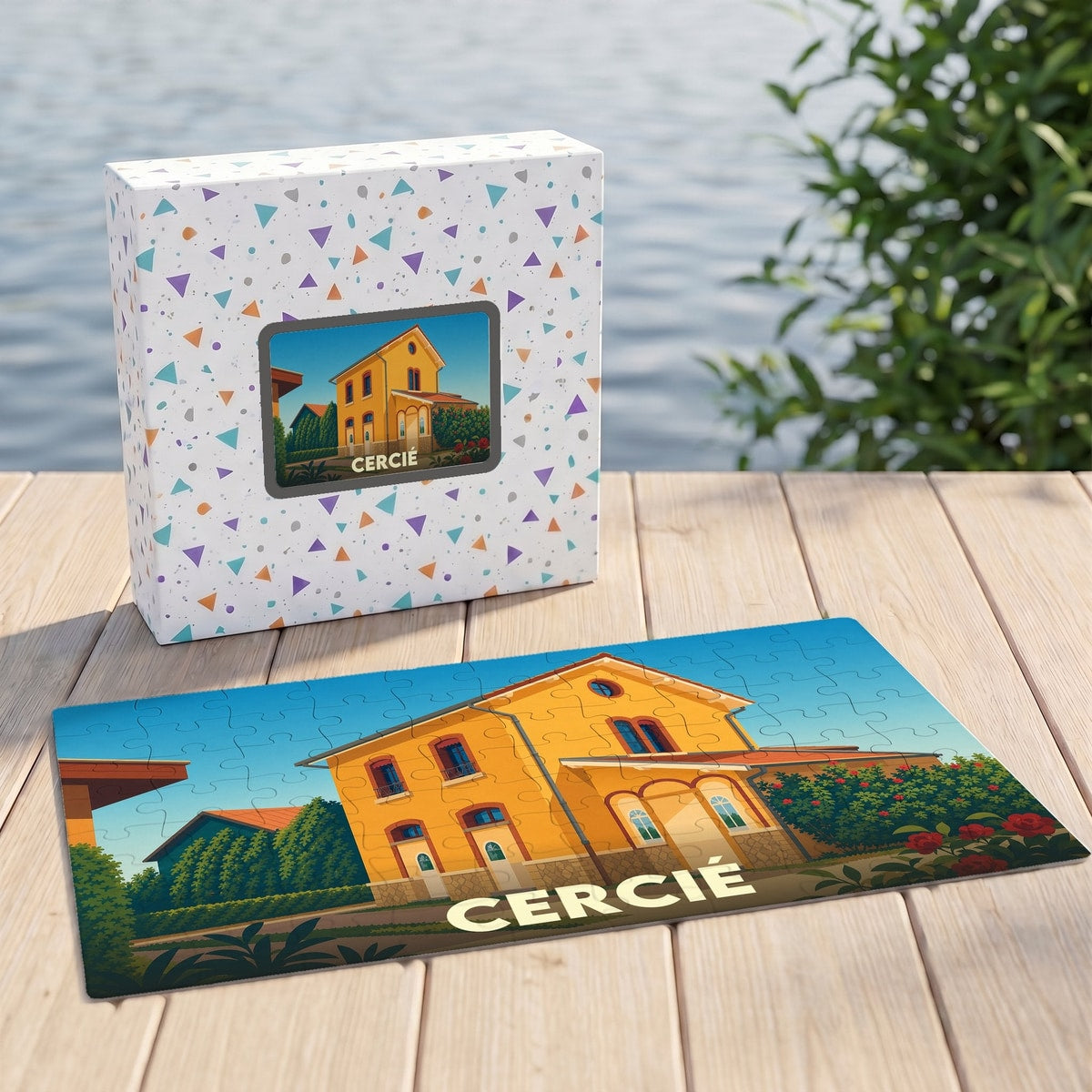 Puzzle souvenir de la ville de Cercié avec une illustration stylisée d'une maison jaune.