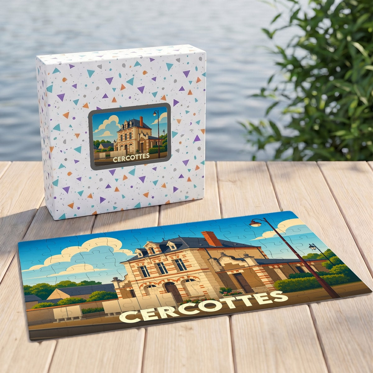 Puzzle souvenir de la ville de Cercottes avec une illustration stylisée d'un bâtiment historique.