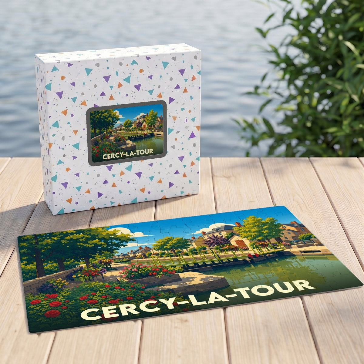 Puzzle souvenir de la ville de Cercy-la-Tour avec une illustration colorée d'un paysage de bord de canal.