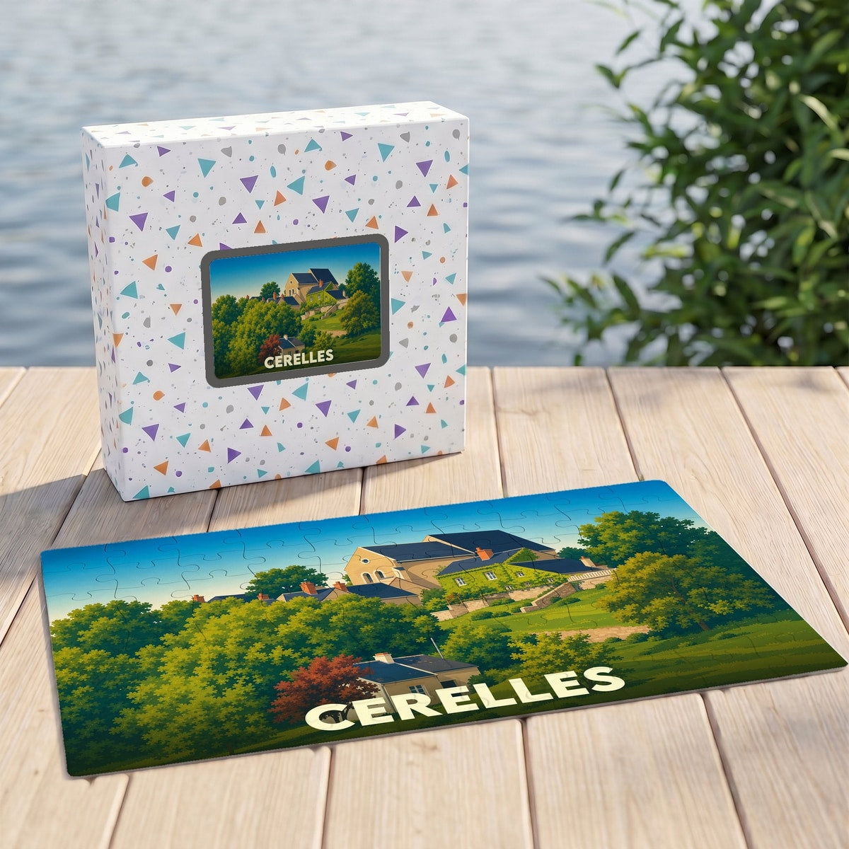 Puzzle souvenir de la ville de Cerelles avec une illustration de paysage champêtre.