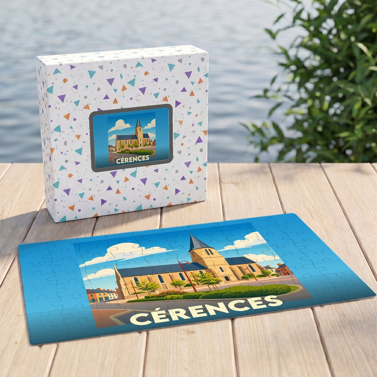 Puzzle souvenir de la ville de Cérences avec une illustration stylisée de son église.