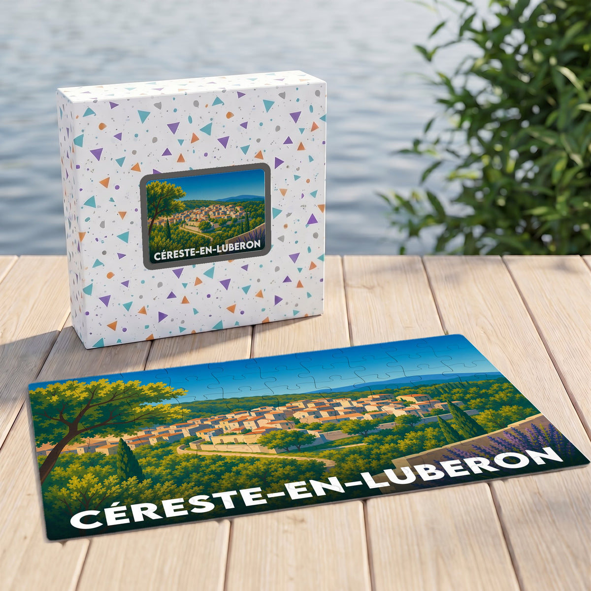 Puzzle souvenir de la ville de Céreste-en-Luberon avec une illustration stylisée d'un paysage provençal.