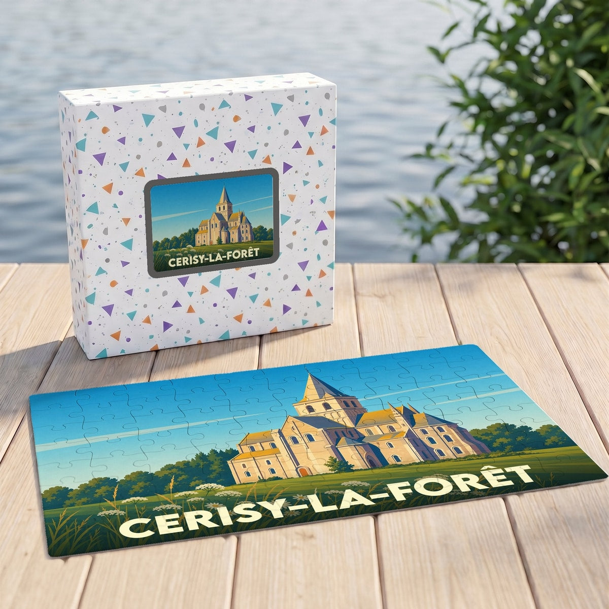 Puzzle souvenir de la ville de Cerisy-la-Forêt avec une illustration stylisée de son abbaye.
