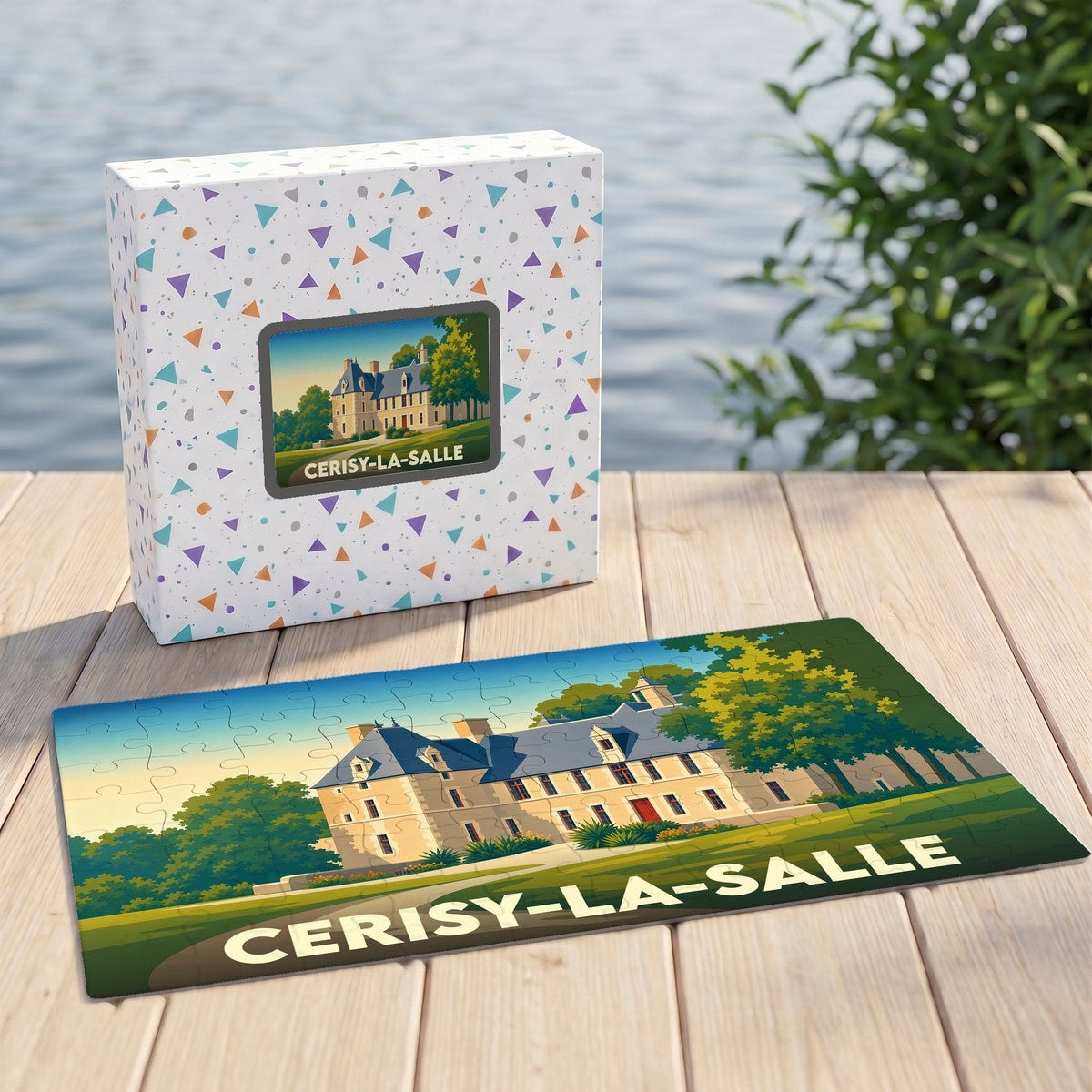 Puzzle souvenir de la ville de Cerisy-la-Salle avec une illustration stylisée de son château.