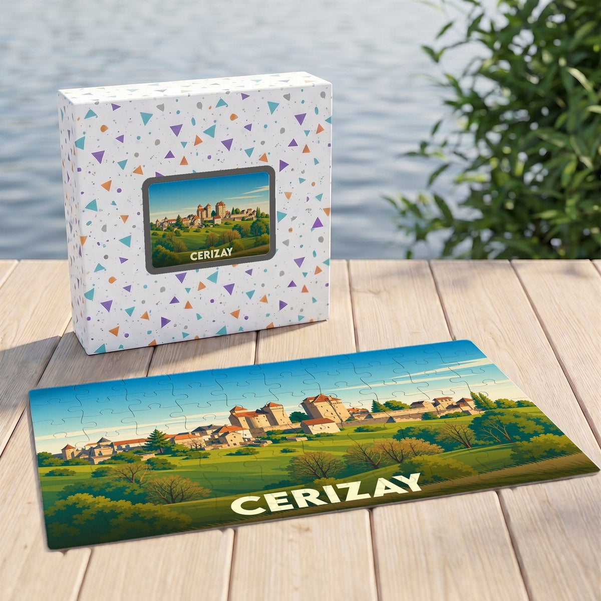 Puzzle souvenir de la ville de Cerizay représentant une illustration stylisée de ses monuments historiques.