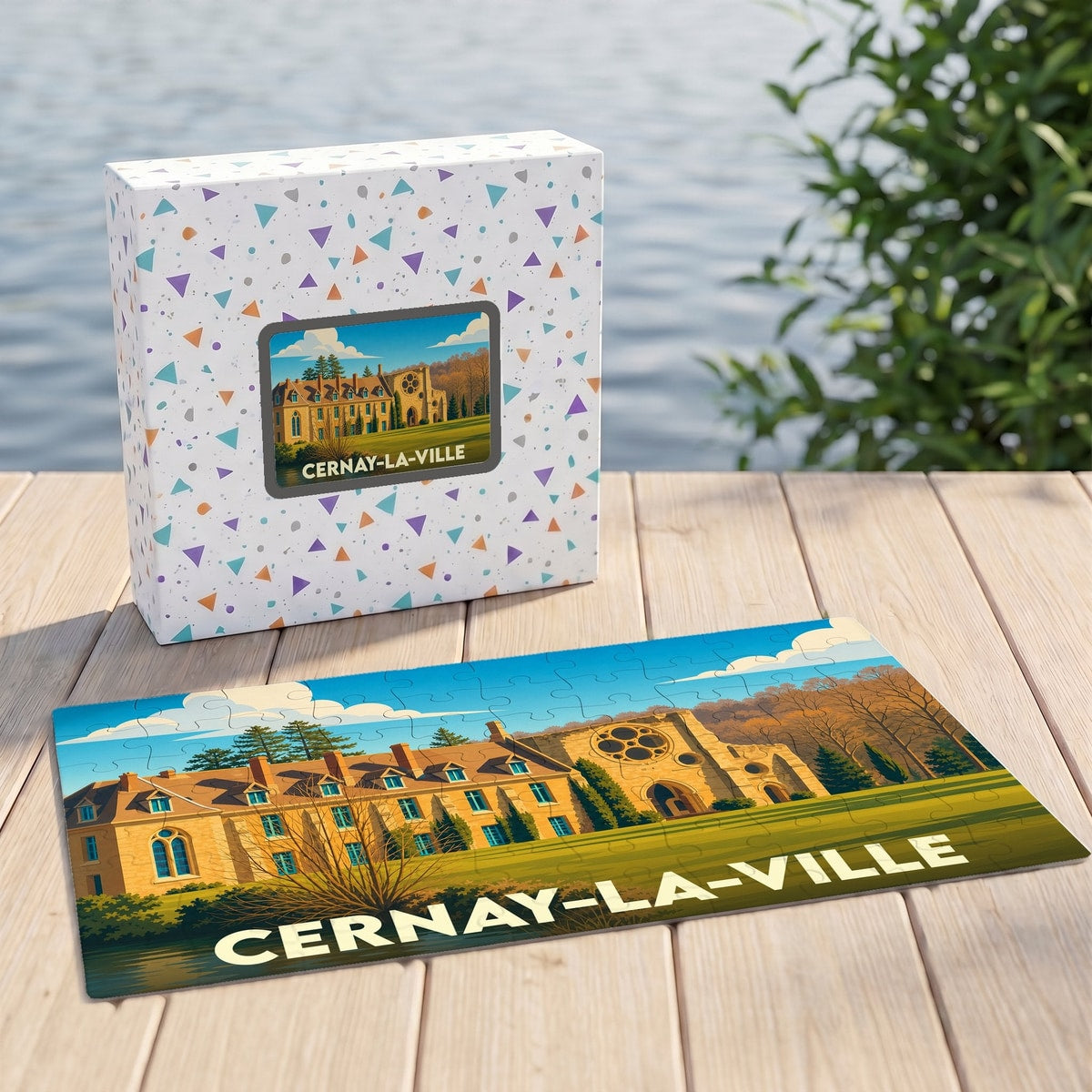 Puzzle souvenir de la ville de Cernay-la-Ville avec une illustration stylisée de son patrimoine architectural.