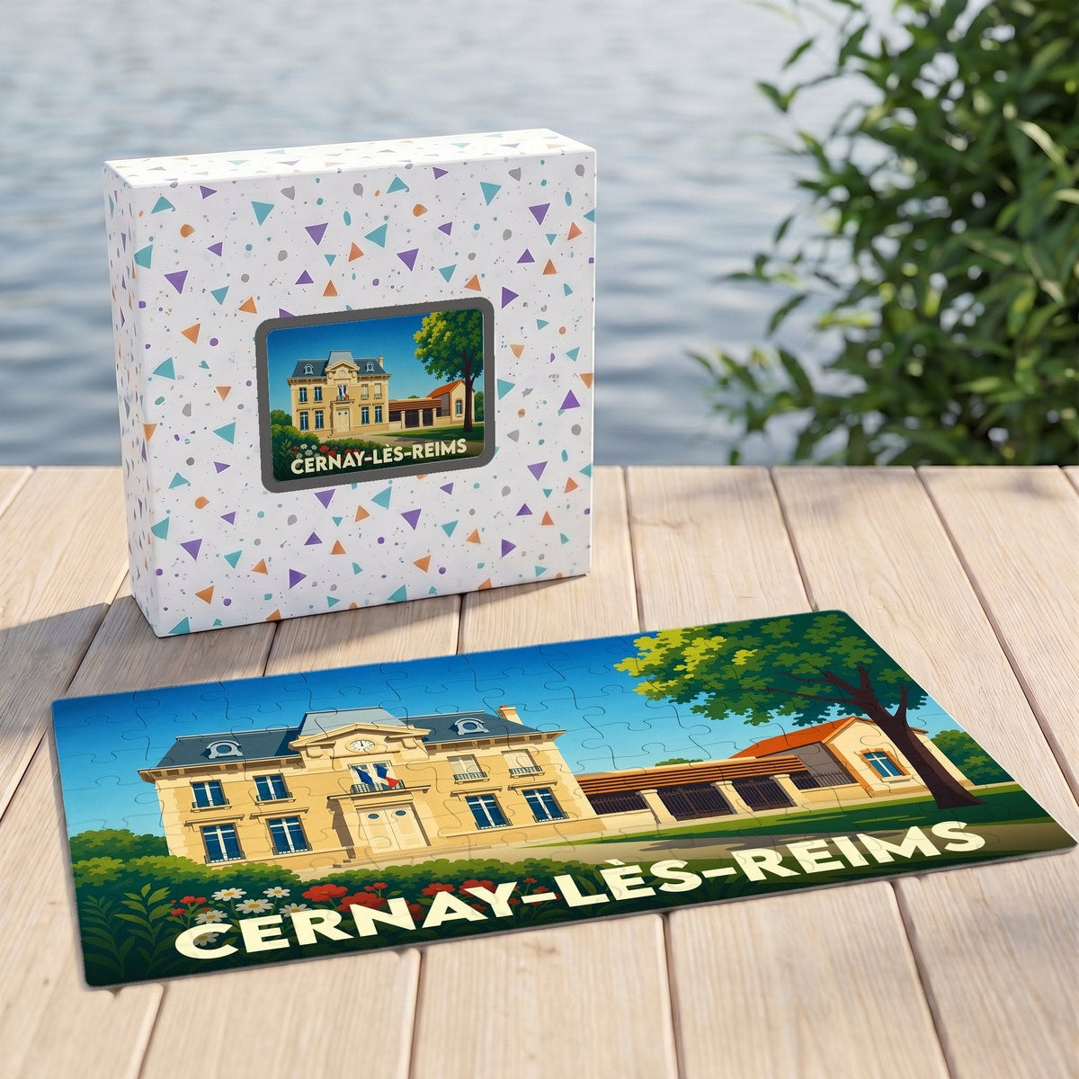 Puzzle souvenir de la ville de Cernay-lès-Reims avec une illustration stylisée de sa mairie.