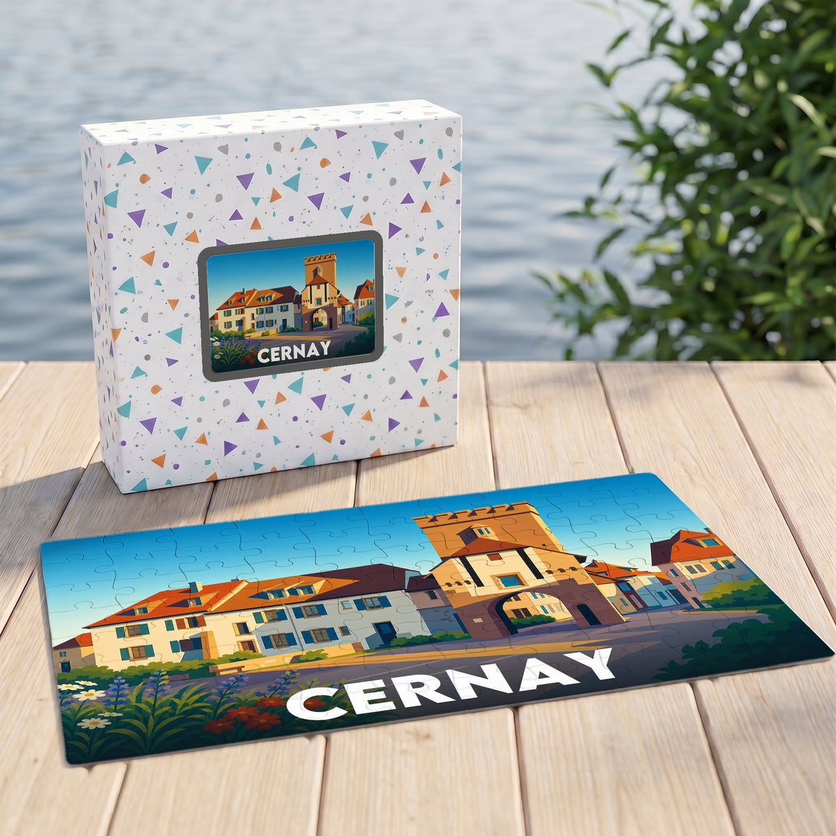 Puzzle souvenir de la ville de Cernay avec une illustration stylisée et colorée.