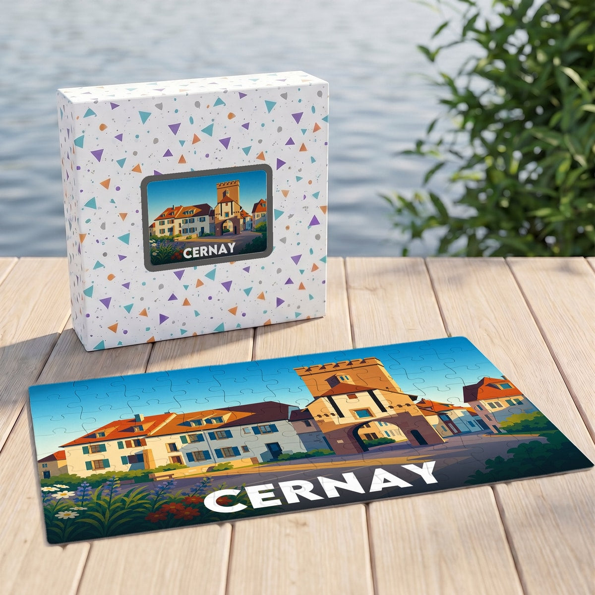 Puzzle souvenir de la ville de Cernay avec une illustration stylisée et colorée.