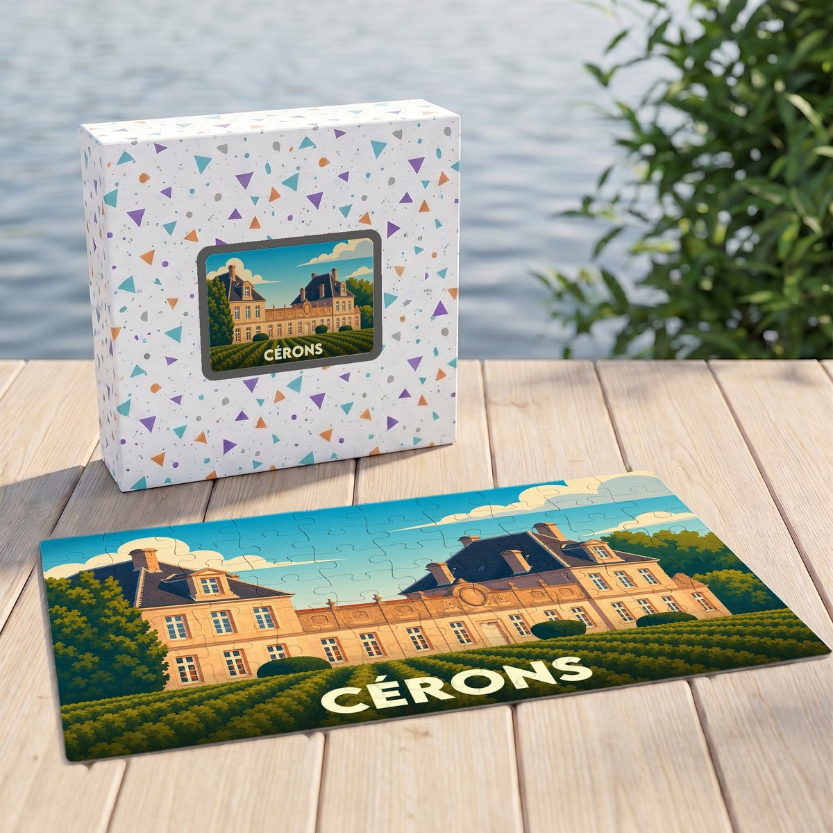 Puzzle souvenir de la ville de Cérons avec une illustration stylisée d'un château.