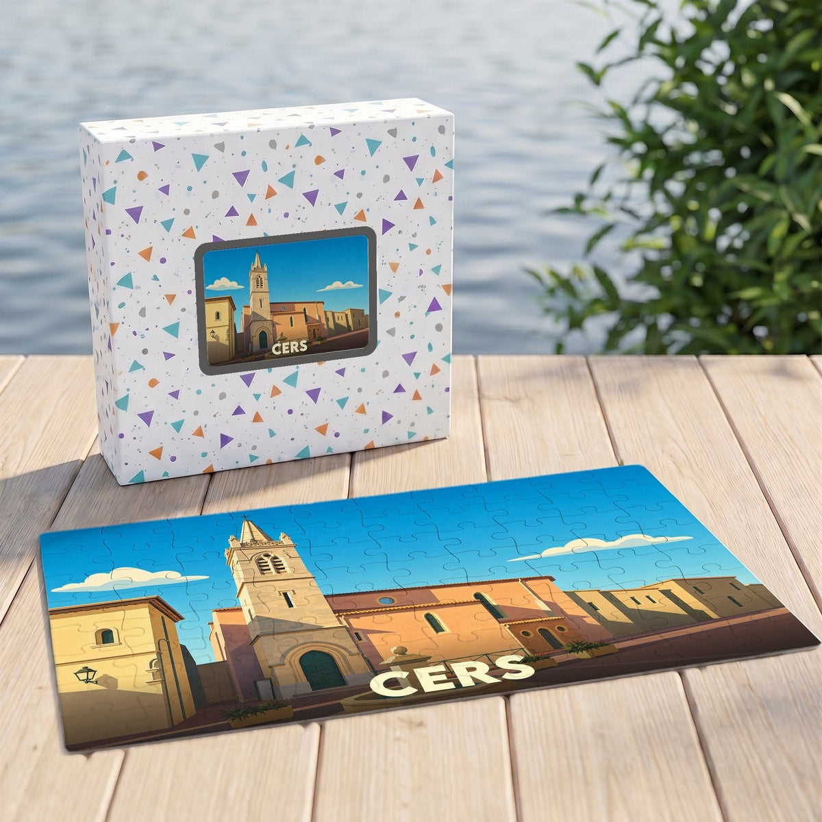 Puzzle souvenir de la ville de Cers présentant une illustration stylisée de son église sous un ciel bleu.
