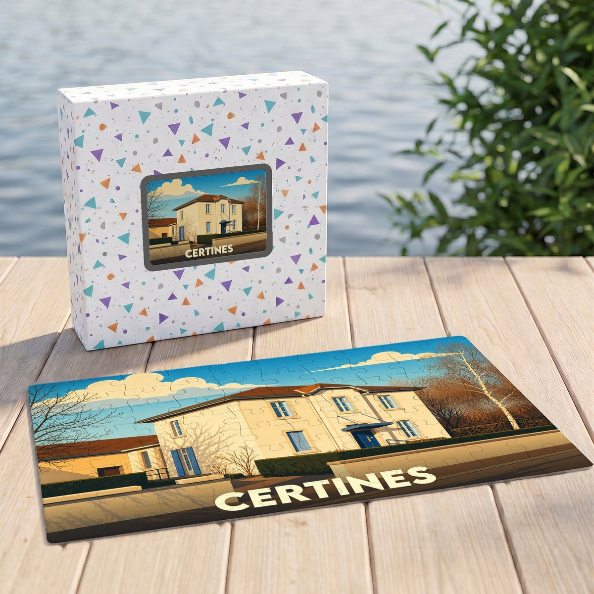 Puzzle souvenir de la ville de Certines avec une illustration stylisée de son paysage.