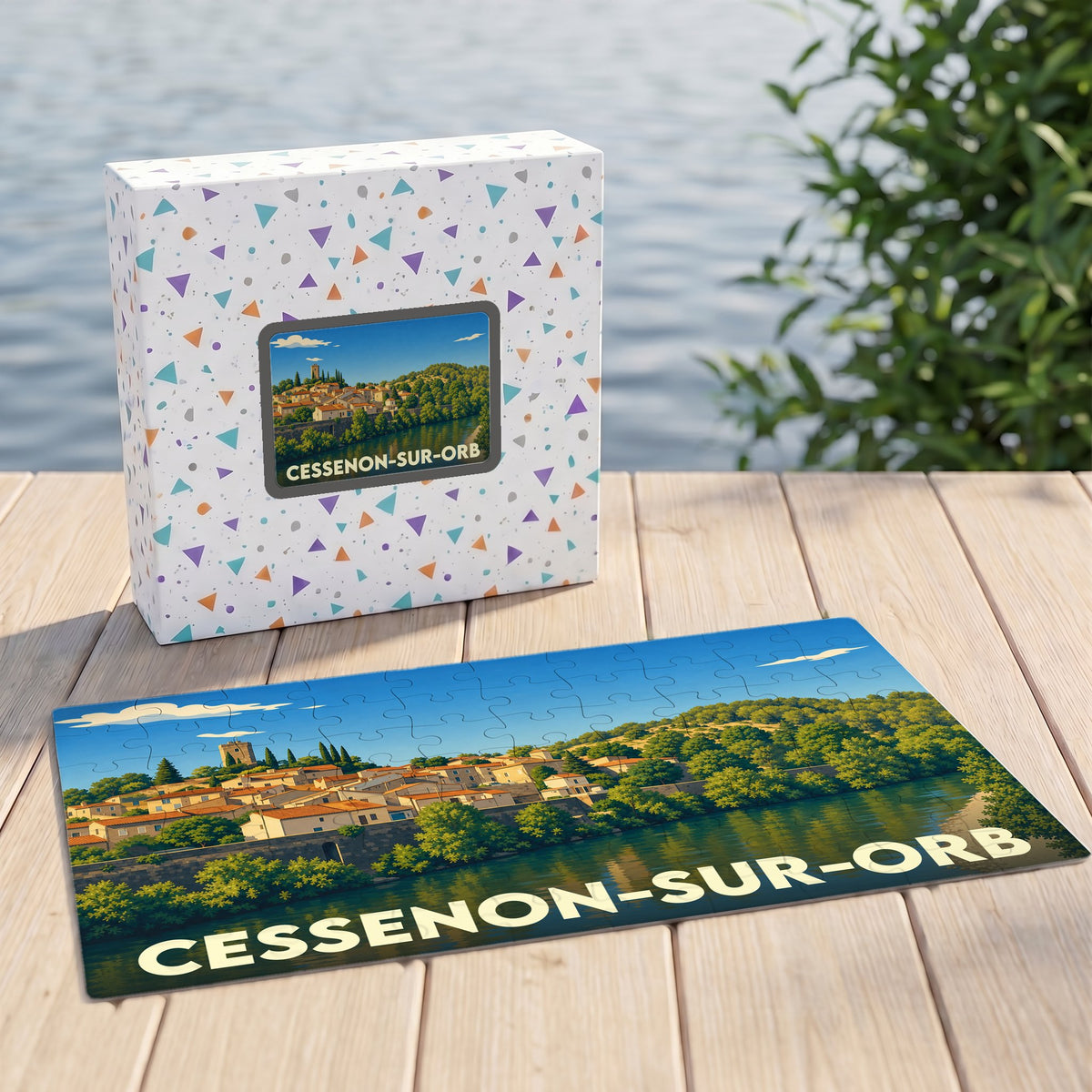 Puzzle souvenir de la ville de Cessenon-sur-Orb avec une illustration stylisée et colorée.
