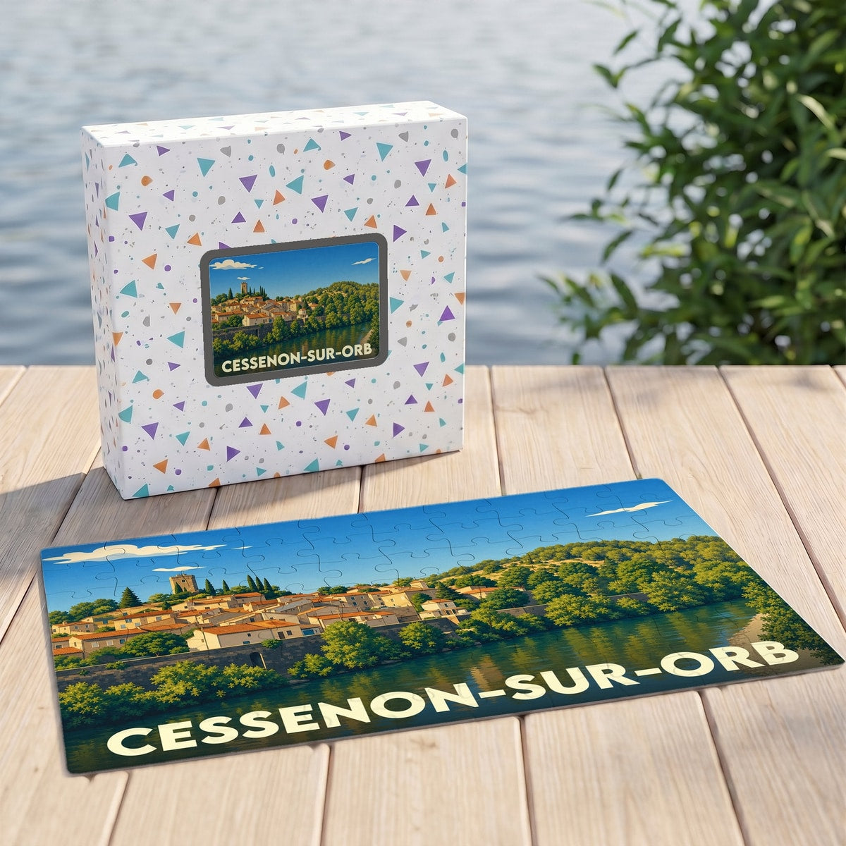 Puzzle souvenir de la ville de Cessenon-sur-Orb avec une illustration stylisée et colorée.