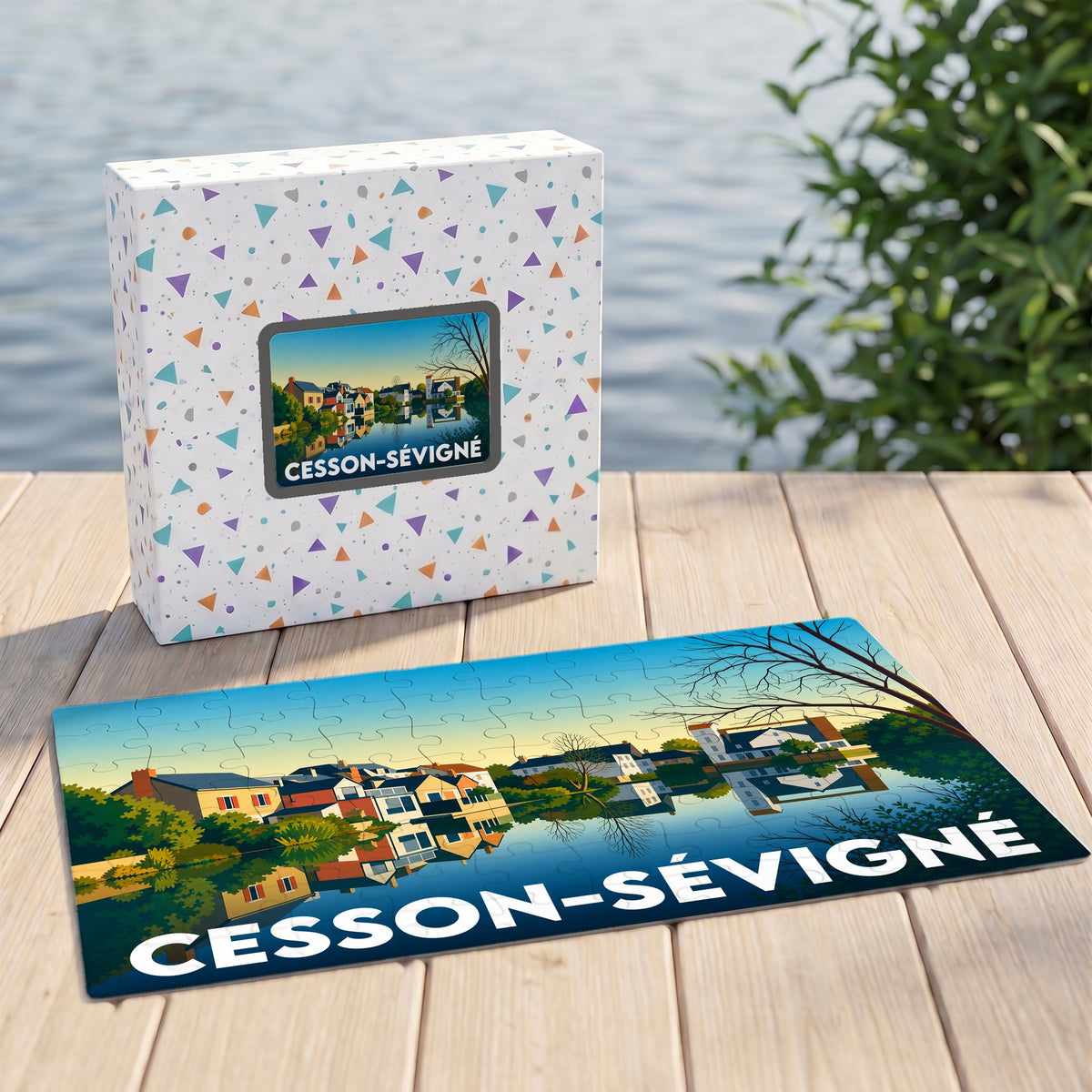 Puzzle souvenir de la ville de Cesson-Sévigné avec une illustration stylisée et colorée au bord de l'eau.