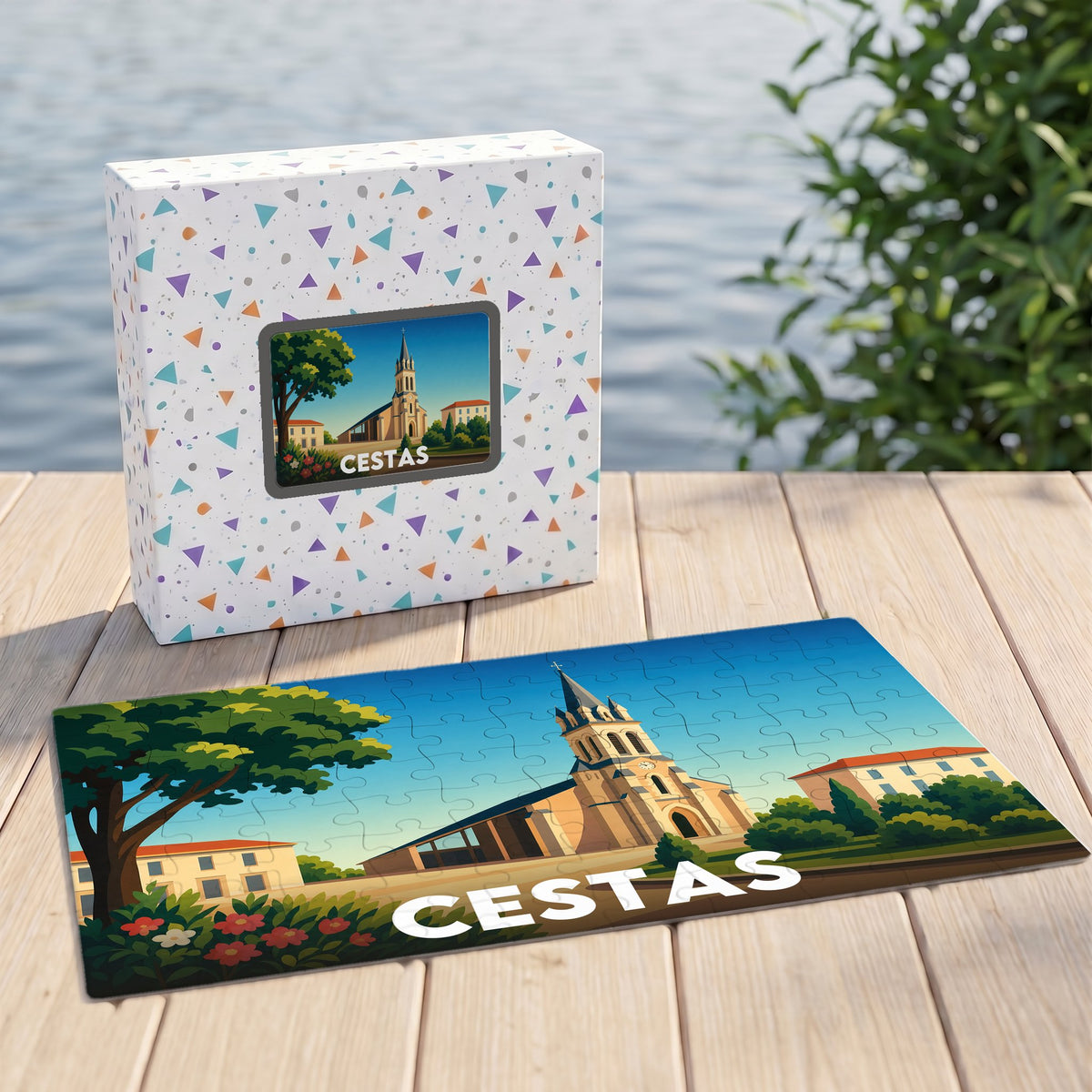 Puzzle souvenir de la ville de Cestas avec une illustration stylisée de son église et de son paysage urbain.