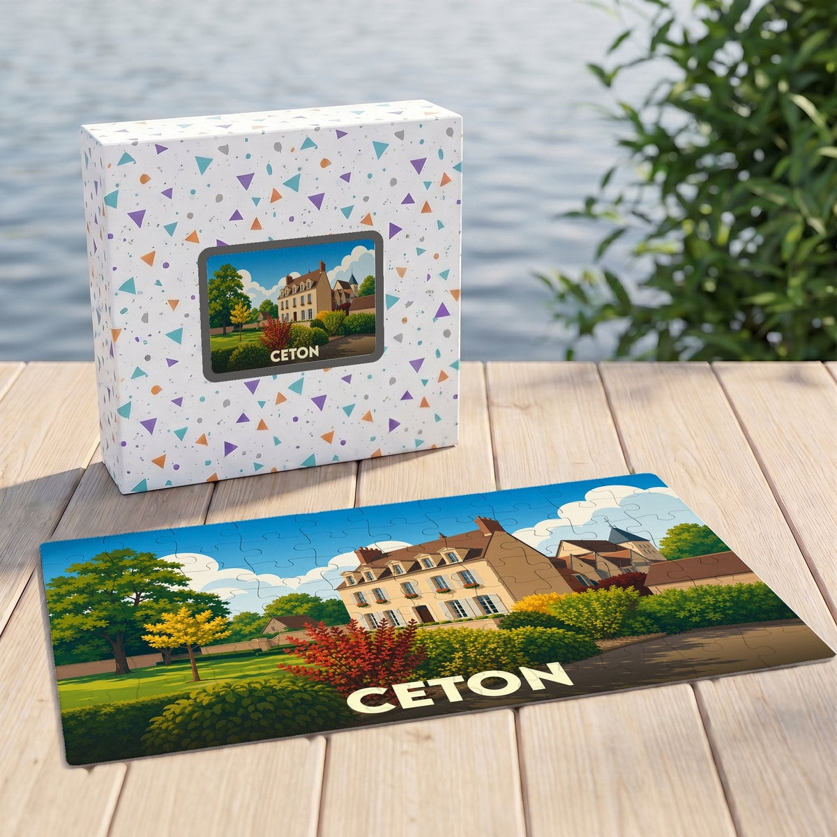 Puzzle souvenir de la ville de Ceton représentant une grande bâtisse illustrée dans un style graphique coloré.