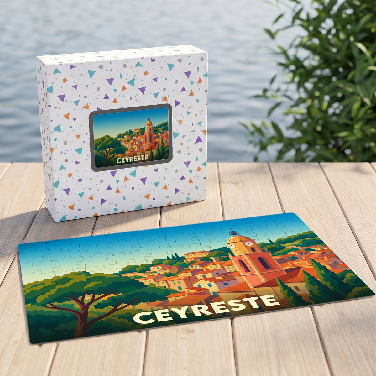 Puzzle souvenir de la ville de Ceyreste avec une illustration stylisée et sa boîte assortie.