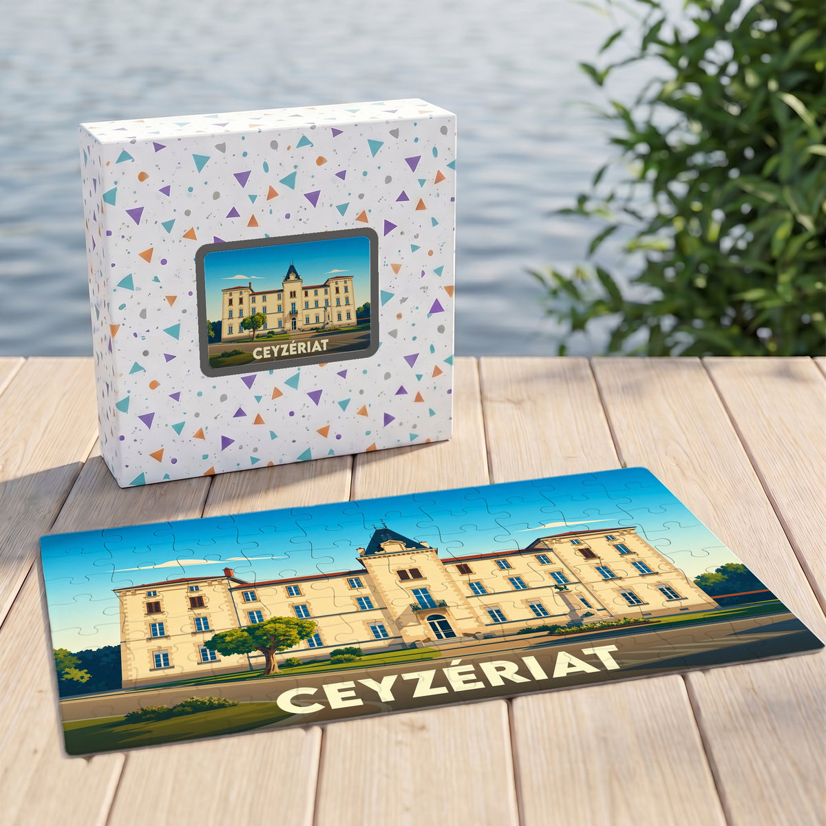 Puzzle souvenir de la ville de Ceyzériat illustré par un dessin stylisé de son château.