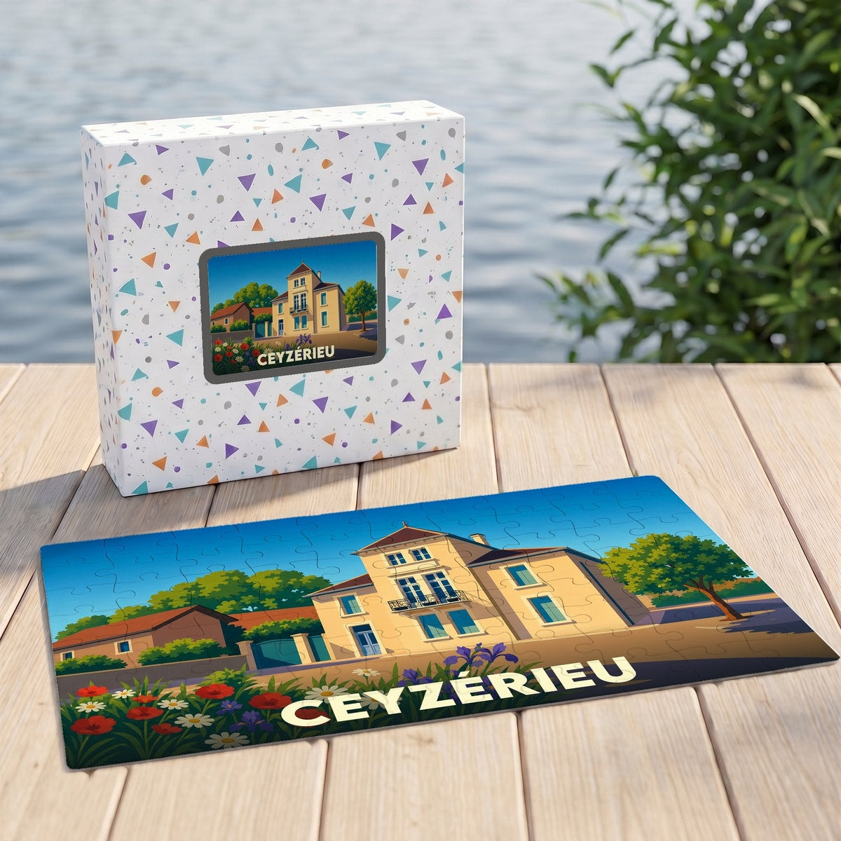 Puzzle souvenir de la ville de Ceyzérieu avec une illustration stylisée d'une maison de maître.