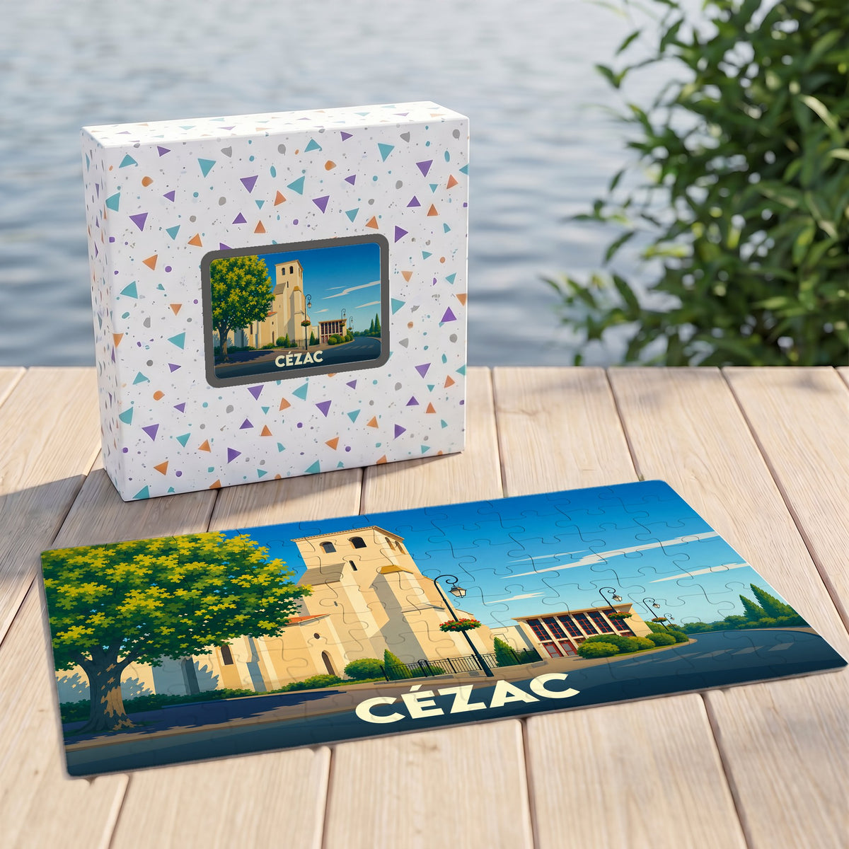 Puzzle souvenir de la ville de Cézac avec une illustration stylisée de son église et de son hôtel de ville.
