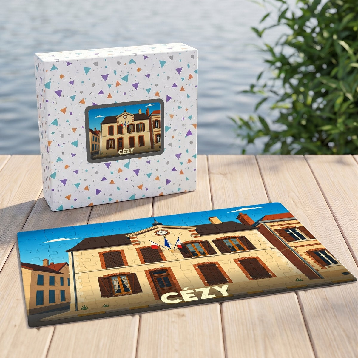 Puzzle souvenir de la ville de Cézy avec une illustration stylisée de son hôtel de ville.