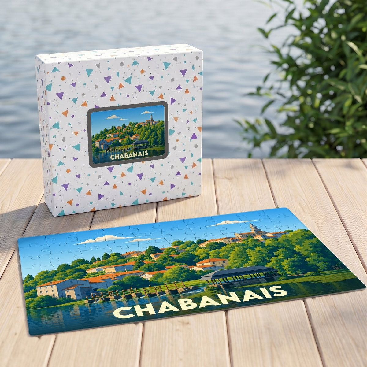 Puzzle souvenir de la ville de Chabanais avec une illustration stylisée d'un paysage urbain au bord de l'eau.