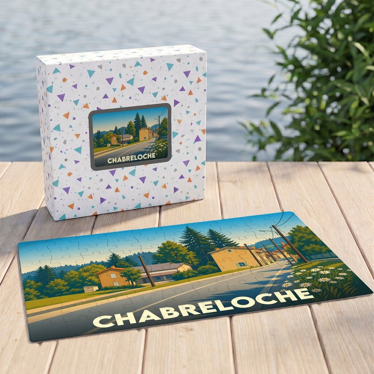 Puzzle souvenir de la ville de Chabreloche présentant une illustration stylisée de ses paysages.