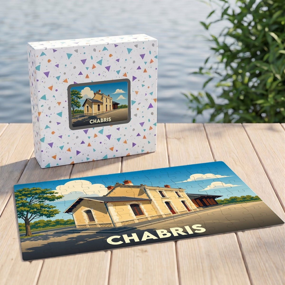 Puzzle souvenir de la ville de Chabris avec une illustration stylisée de sa gare.
