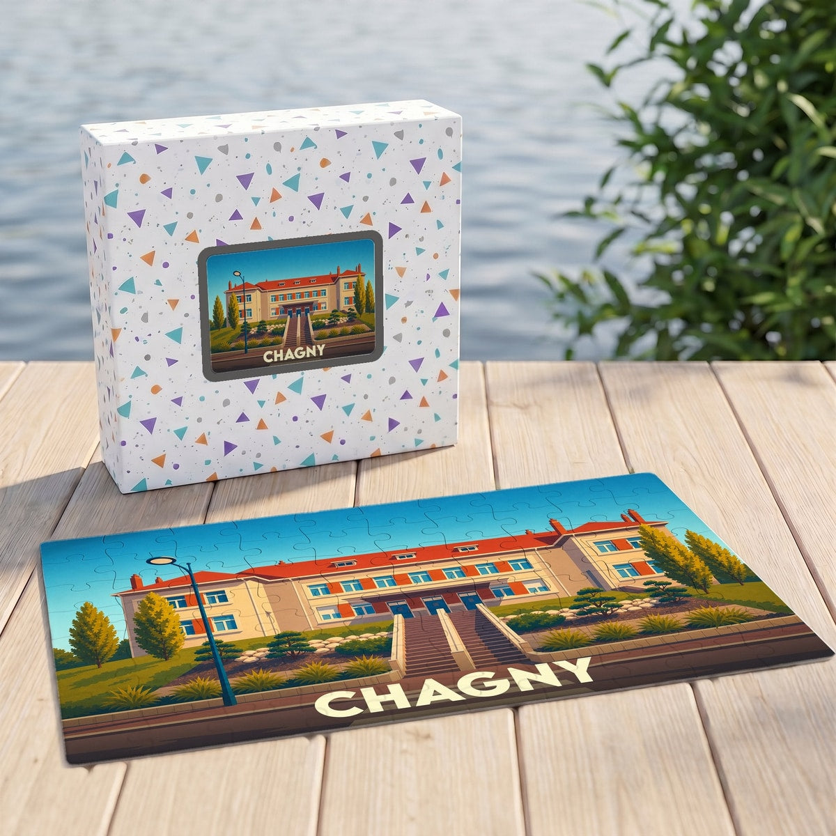 Puzzle souvenir de la ville de Chagny représentant son hôtel de ville dans un style illustré.
