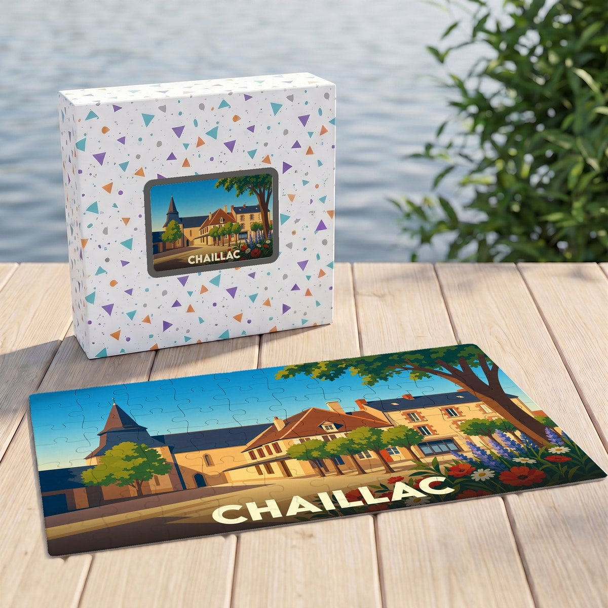 Puzzle souvenir de la ville de Chaillac avec une illustration colorée et stylisée.