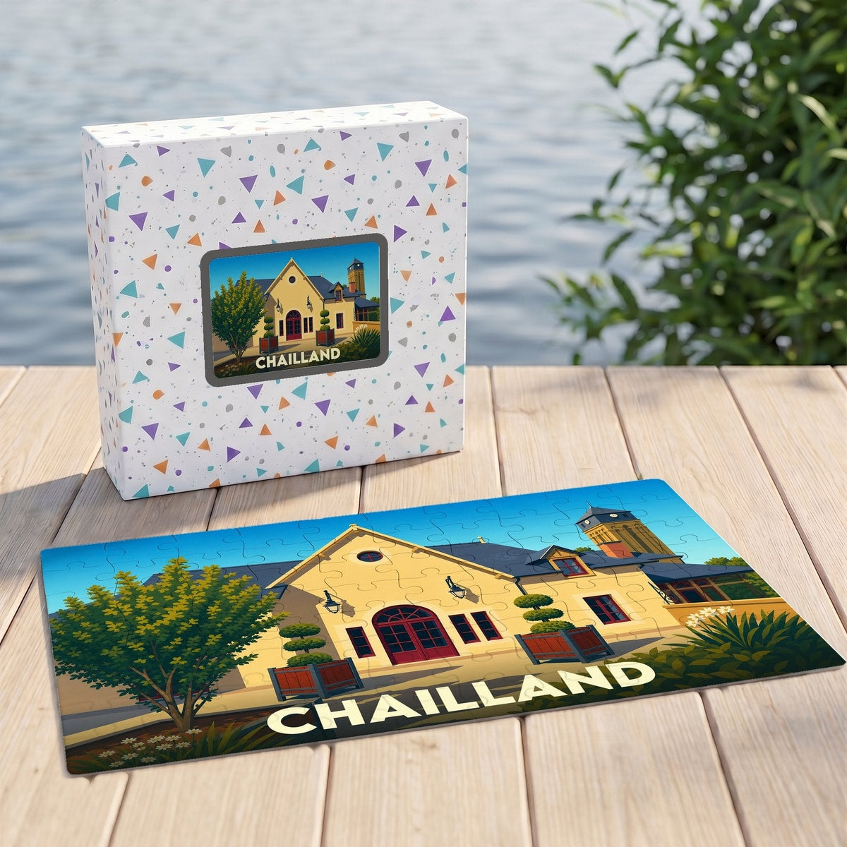 Puzzle souvenir de la ville de Chailland avec une illustration stylisée.